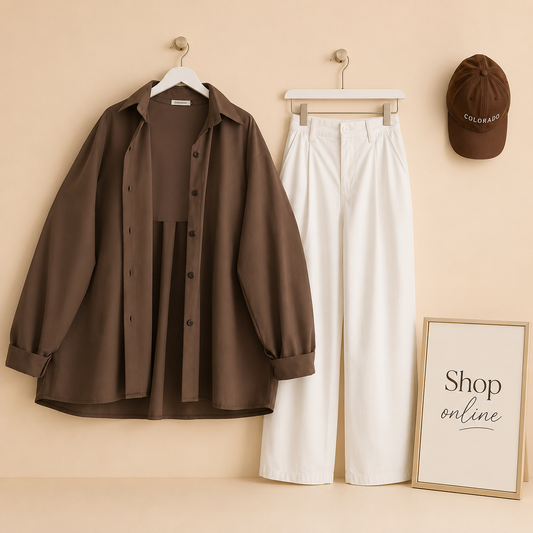 COFEE BROWN BUTTON SHIRT WITH WHITE WIDE LEG JEANS COMBO