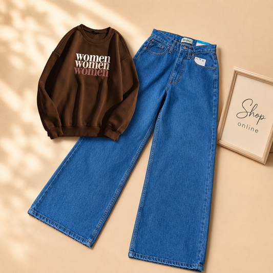 BROWN SWEATSHIRT( WOMEN) WITH SKY BLUE WIDE LEG JEANS
