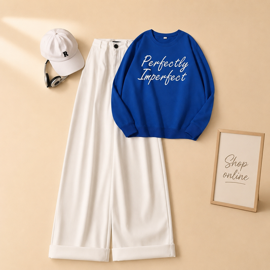 ROYAL BLUE SWEATSHIRT ( PERFECTLY IMPERFECT) WITH WHITE WIDE LEG JEANS