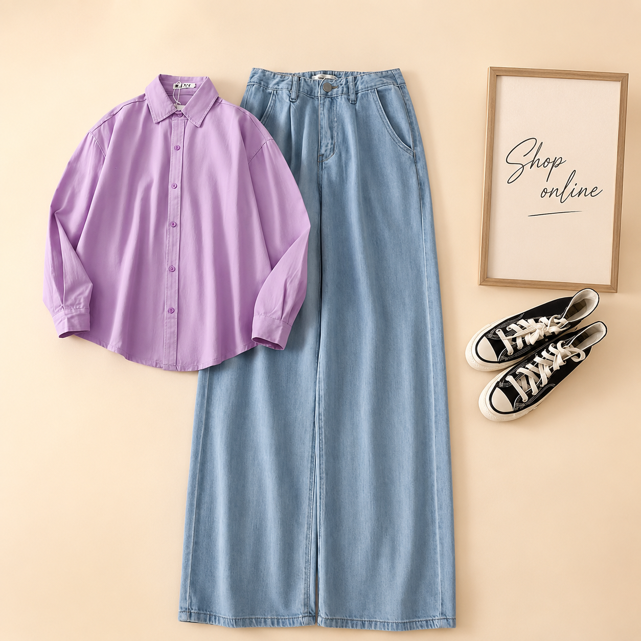 LILAC BUTTON SHIRT WITH ICE BLUE WIDE LEG
