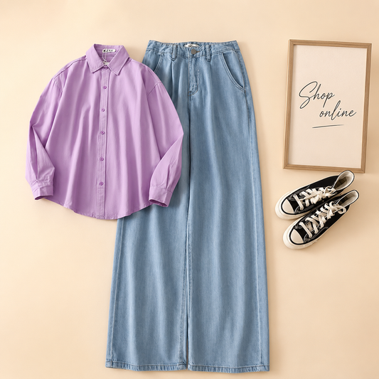 LILAC BUTTON SHIRT WITH ICE BLUE WIDE LEG