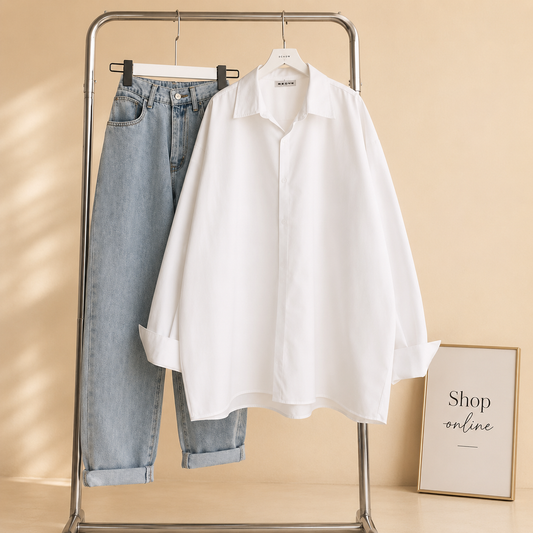 WHITE BUTTON SHIRT WITH ICE BLUE WIDE LEG JEANS COMBO