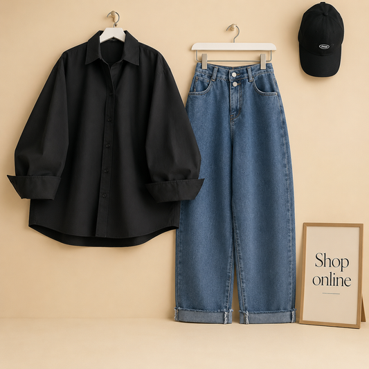 BLACK BUTTON SHIRT WITH MID BLUE WIDE LEG JEANS COMBO