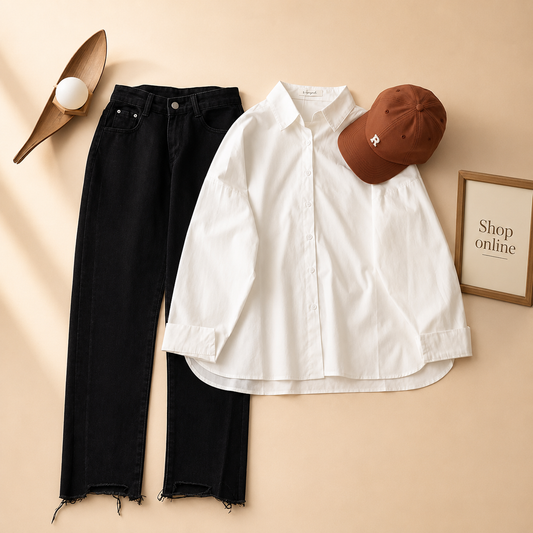 WHITE BUTTON SHIRT WITH BLACK WIDE LEG JEANS