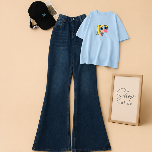 SKY BLUE TEE BUBLES WITH DARK BLUE BELL BOTTOM JEANS