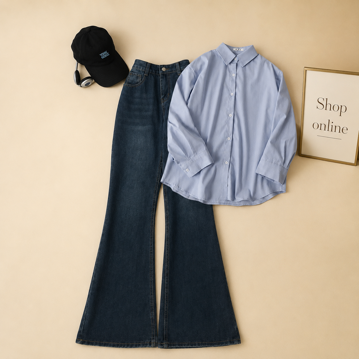 SKY BLUE BUTTON DOWN SHIRT WITH MID BLUE BELL BOTTOM