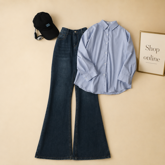 SKY BLUE BUTTON DOWN SHIRT WITH MID BLUE BELL BOTTOM