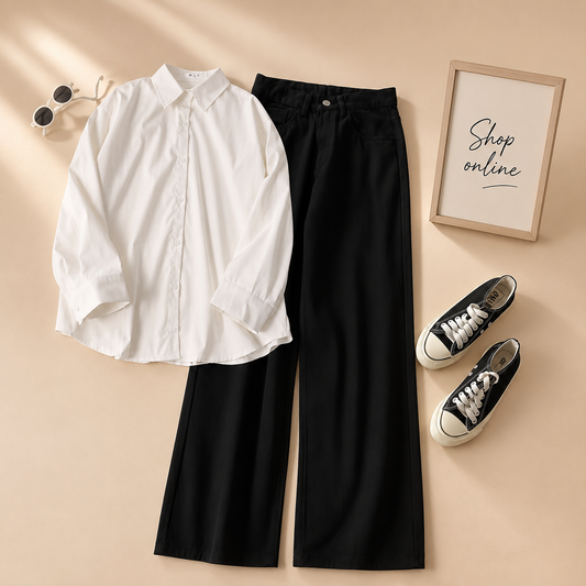 WHITE BUTTON DOWN SHIRT WITH BLACK WIDE LEG