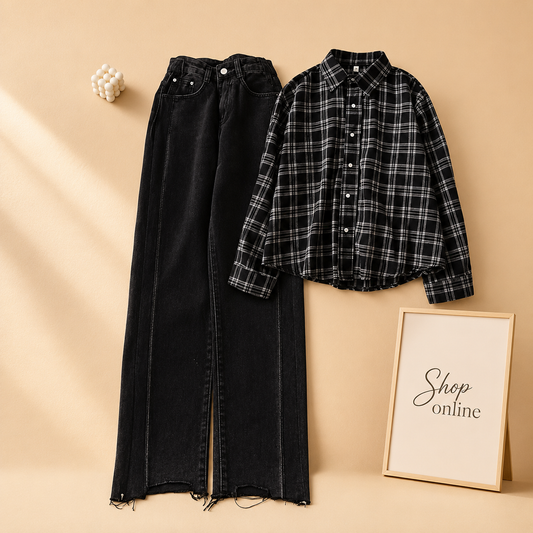 BLACK SIMPLE CHECK WITH BLACK WIDE LEG