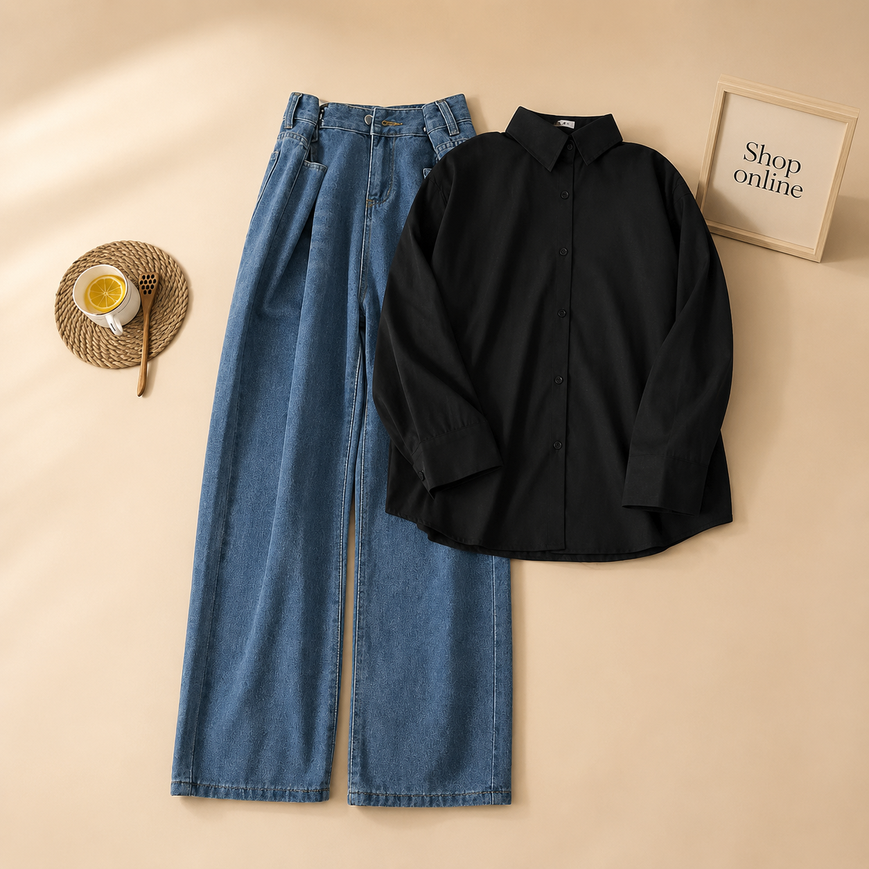 BLACK BUTTON DOWN SHIRT WITH MID BLUE WIDE LEG JEANS