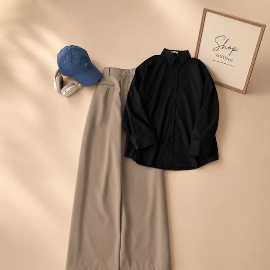BLACK BUTTON SHIRT WITH BEIGE WIDE LEG JEANS