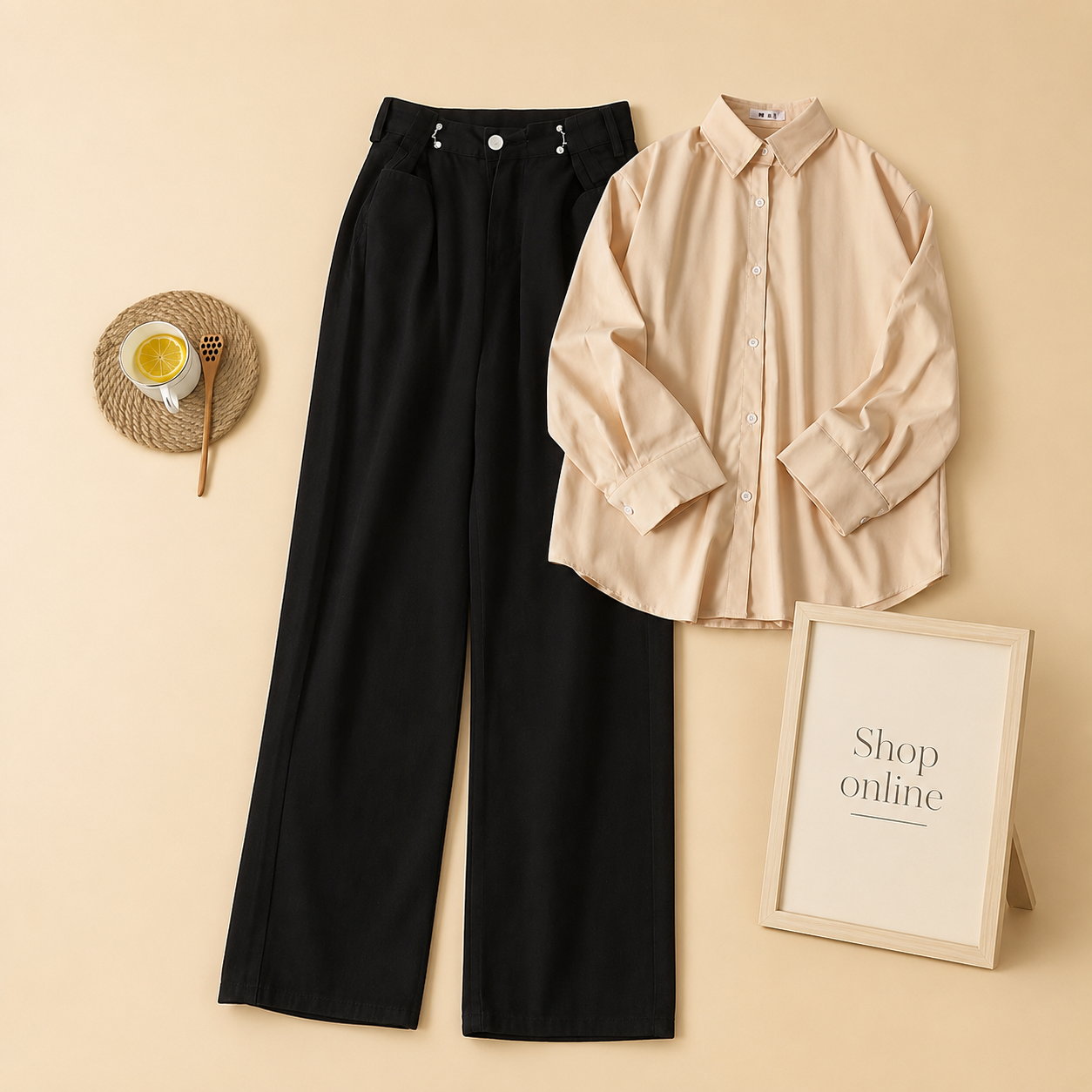 CREAM BUTTON DOWN SHIRT WITH BLACK WIDE LEG JEANS