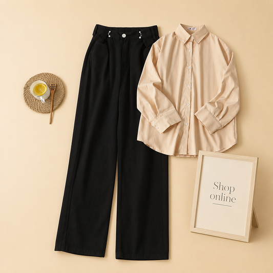 CREAM BUTTON DOWN SHIRT WITH BLACK WIDE LEG JEANS