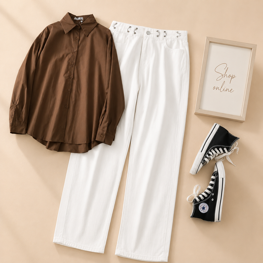 COFEE BROWN BUTTON SHIRT WITH WHITE WIDE LEG JEANS