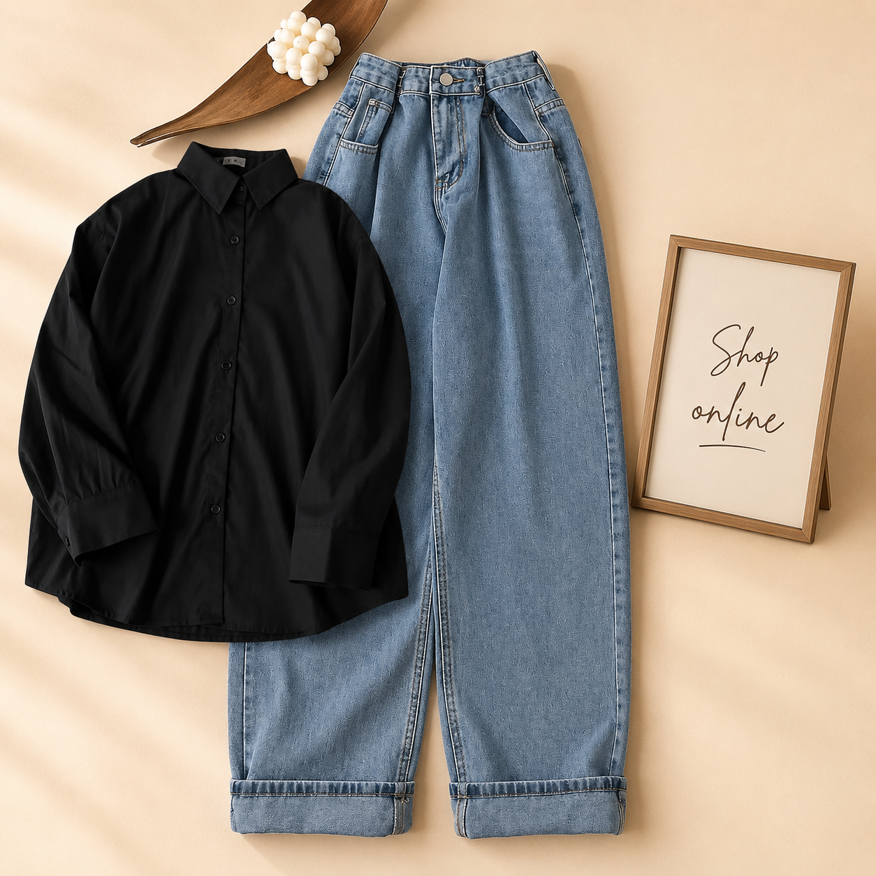 BLACK BUTTON SHIRT WITH SKY BLUE WIDE LEG JEANS