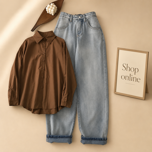COFFE BROWN SHIRT WITH ICE BLUE WIDE LEG