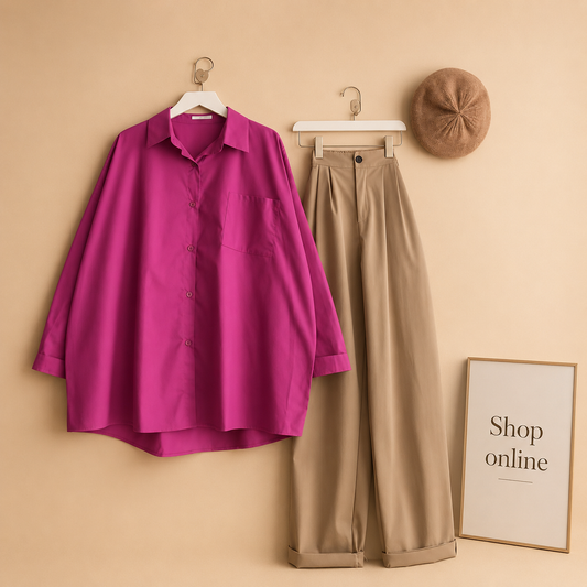 SHOCKING PINK BUTTON SHIRT WITH BEIGE WIDE LEG JEANS