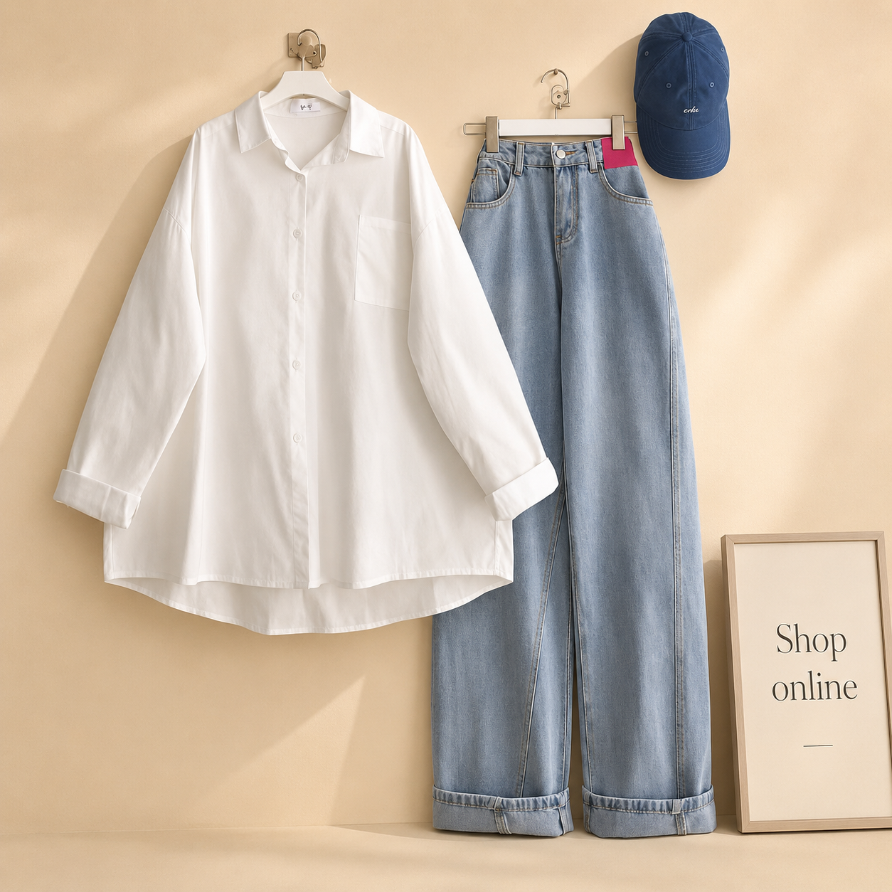 WHITE BUTTON SHIRT WITH ICE BLUE WIDE LEG JEANS