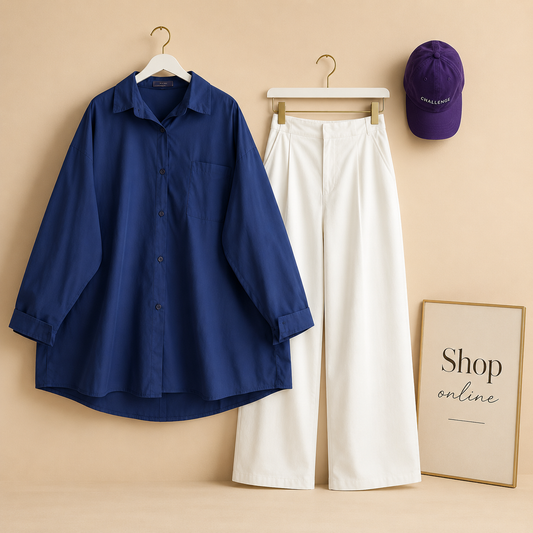 ROYAL BLUE BUTTON SHIRT WITH WHITE WIDE LEG JEANS