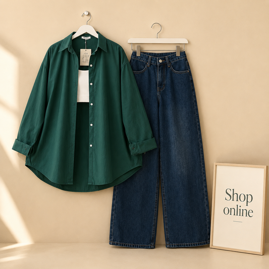 BOTTLE GREEN BUTTON SHIRT WITH DARK BLUE WIDE LEG JEANS