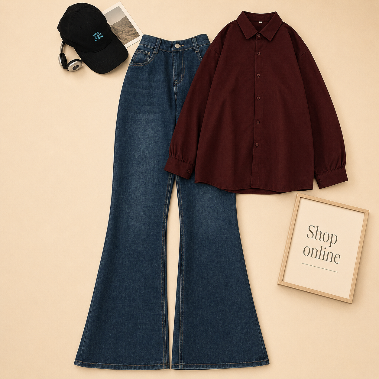 MAROON BUTTON SHIRT WITH MID BLUE BELL BOTTOM JEANS