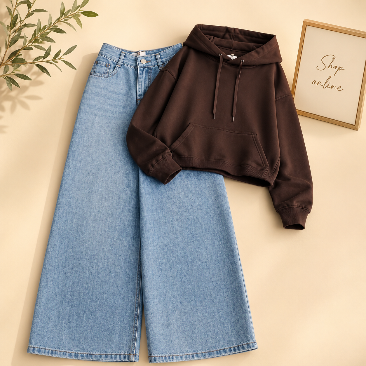 BROWN HOODIE WITH SKY BLUE WIDE LEG JEANS