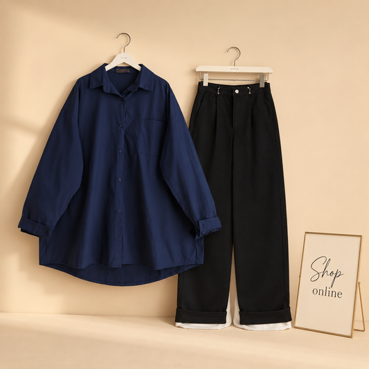 ROYAL BLUE BUTTON SHIRT WITH BLACK WIDE LEG JEANS