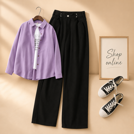 LILAC BUTTON SHIRT WITH BLACK WIDE LEG JEANS