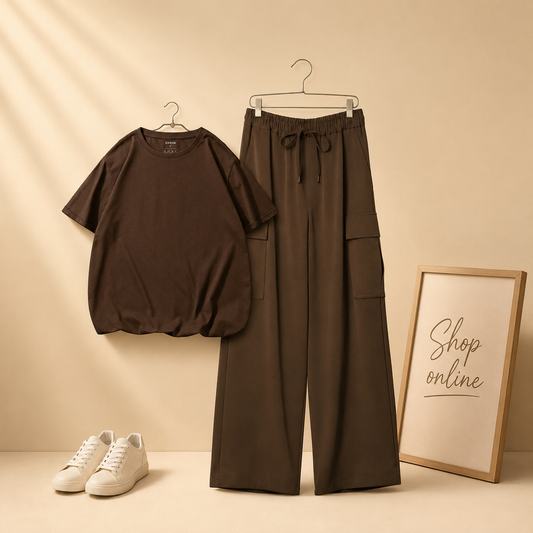 PLAIN DARK BROWN TSHIRT WITH BROWN CARGO TROUSER