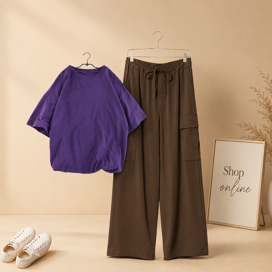 PLAIN PURPLE TSHIRT WITH BROWN CARGO TROUSER