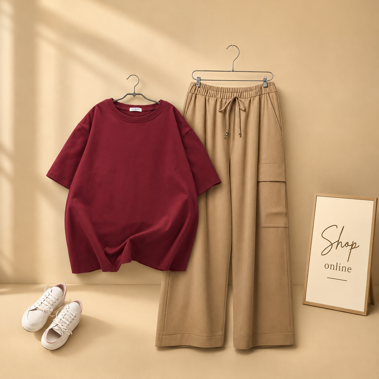 PLAIN MAROON TSHIRT WITH BEIGE CARGO TROUSER