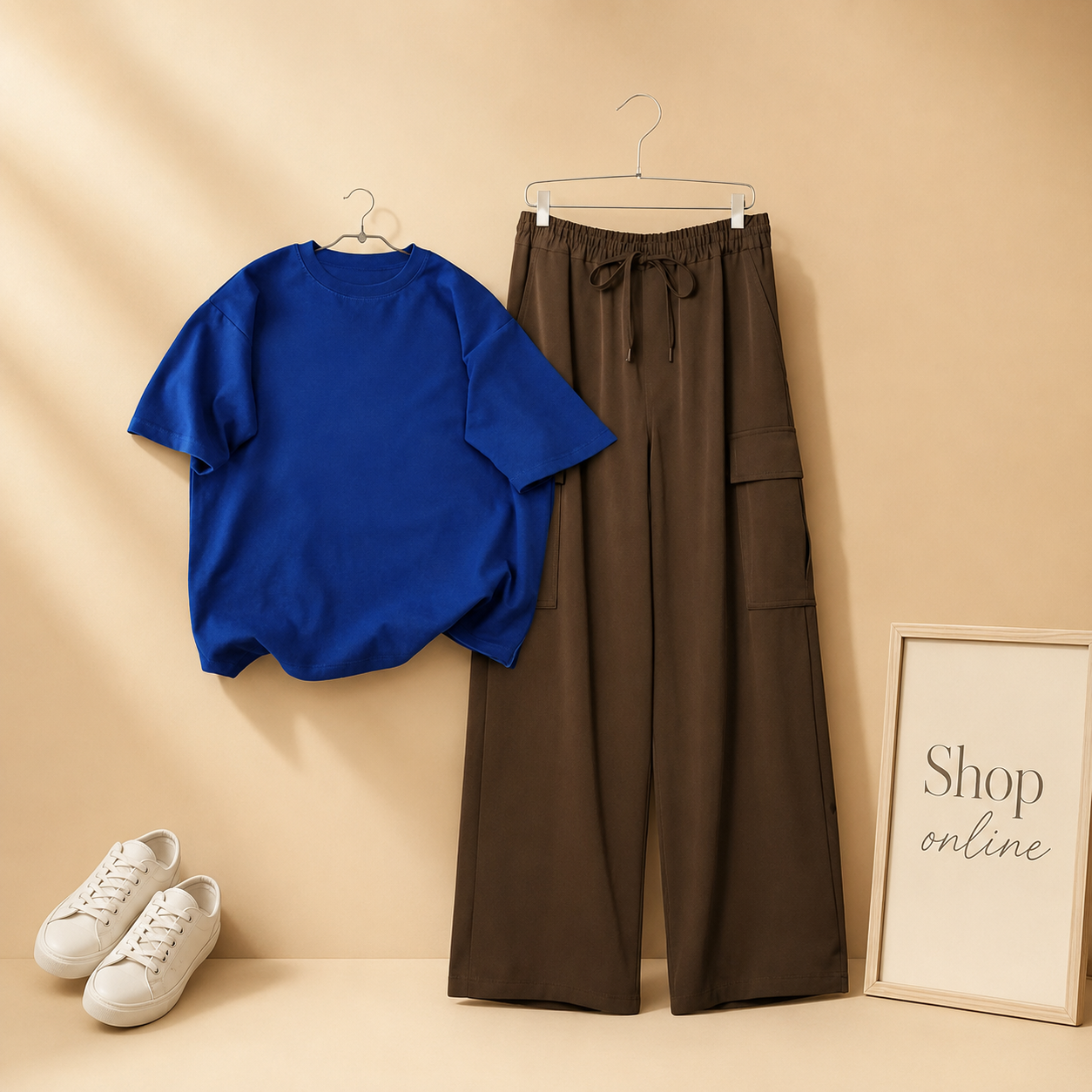 PLAIN ROYAL BLUE TSHIRT WITH BROWN CARGO TROUSER