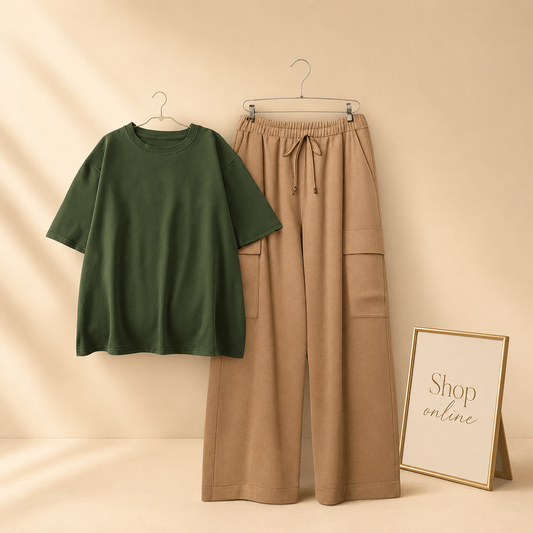 PLAIN OLIVE GREEN TSHIRT WITH BEIGE CARGO TROUSER