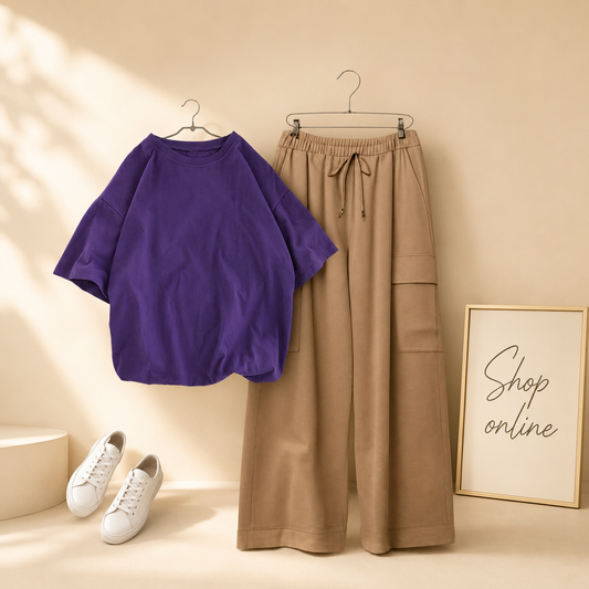 PLAIN PURPLE TSHIRT WITH BEIGE CARGO TROUSER