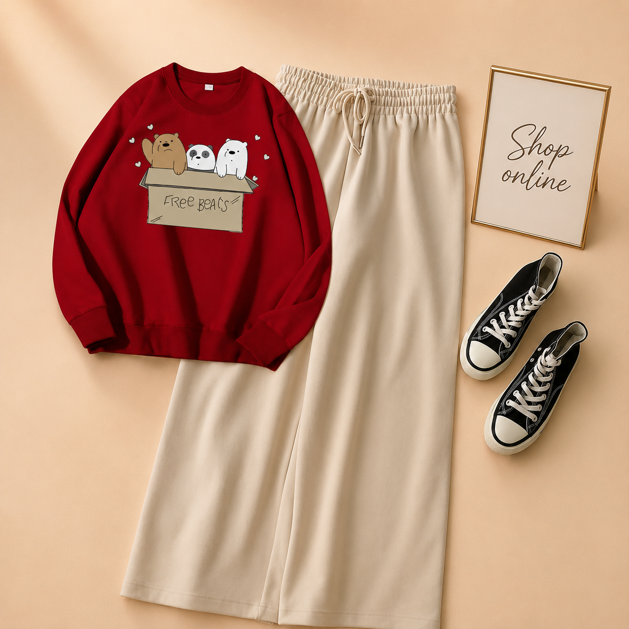FREE BEARS RED SWEATSHIRT WITH BEIGE FLAPPER