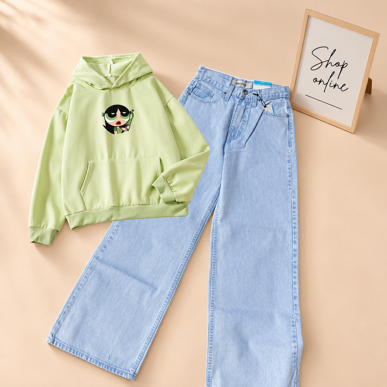 SEA GREEN HOODIE ( GREEN POWERPUFF) WITH ICE BLUE WIDE LEG JEANS