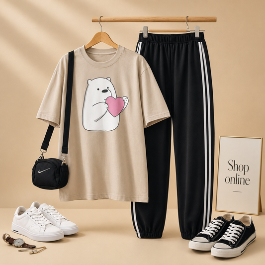 BEAR HEART BEIGE T-SHIRT WITH THREE STRIPE TROUSERS