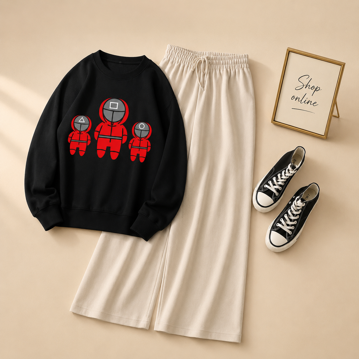 BLACK SWEATSHIRT 3 AMONG US CHARACTERS WITH BEIGE FLAPPER
