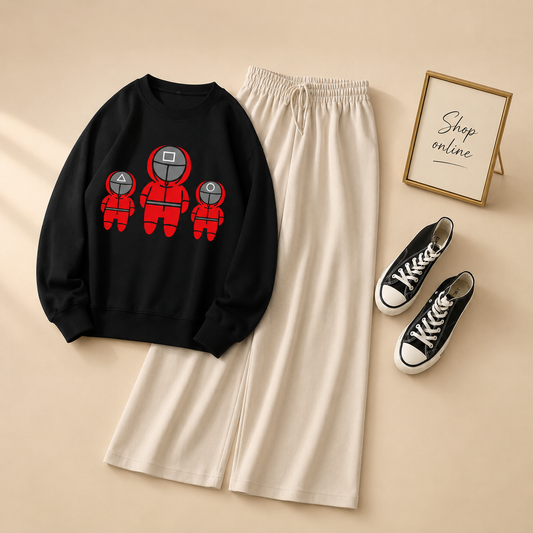 BLACK SWEATSHIRT 3 AMONG US CHARACTERS WITH BEIGE FLAPPER