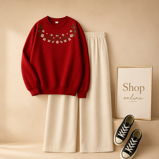 RED SWEATSHIRT FLOWER NECK WITH BEIGE FLAPPER