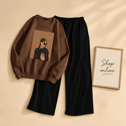 COFFEE GIRL BROWN SWEATSHIRT WITH FLAPPER
