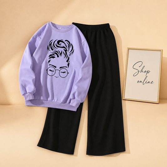 LILAC SWEATSHIRT HAIRY GIRL WITH BLACK FLAPPER