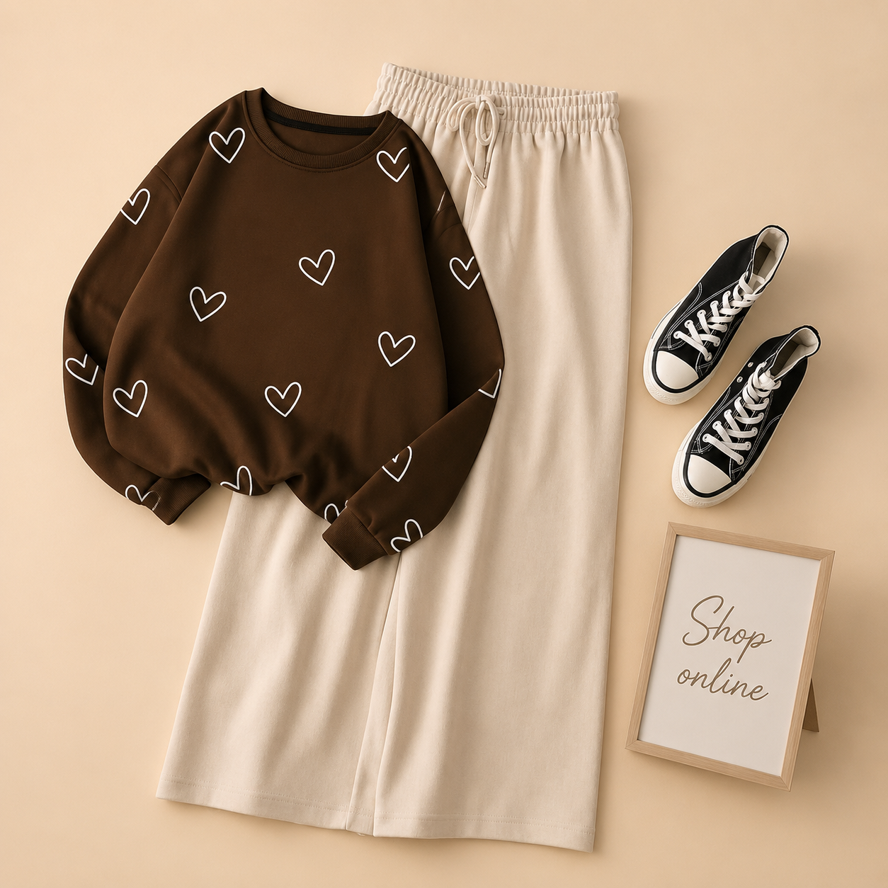 HEARTS ALLOVER BROWN SWEATSHIRT WITH BEIGE FLAPPER