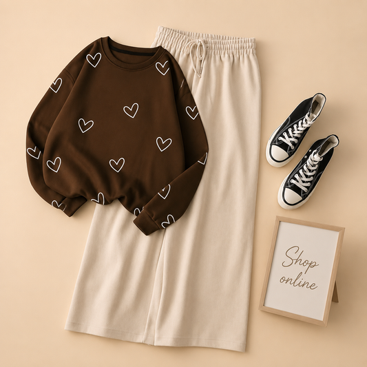 HEARTS ALLOVER BROWN SWEATSHIRT WITH BEIGE FLAPPER