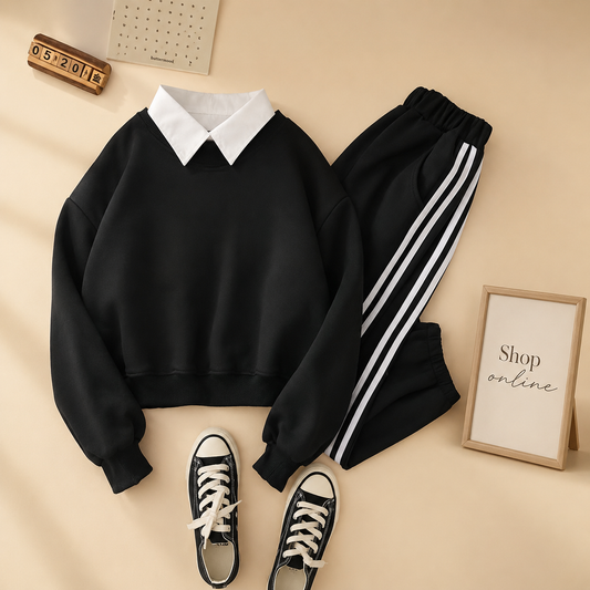 BLACK COLLAR SWEATSHIRT WITH 3 STRIPES TROUSER
