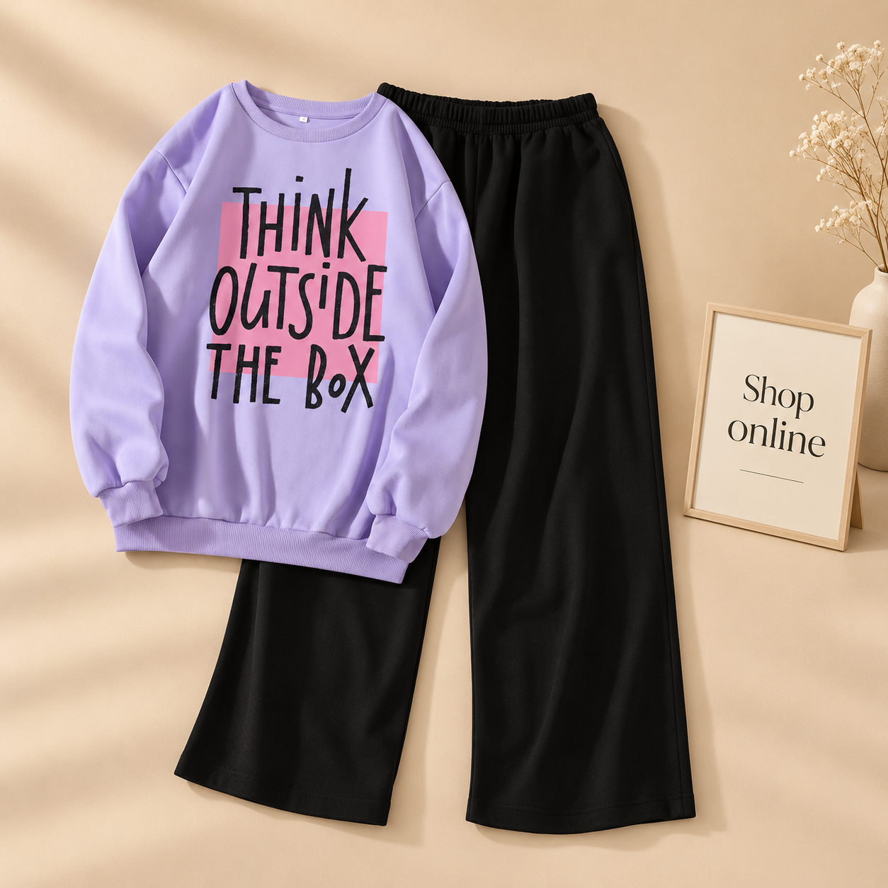 LILAC SWEATSHIRT THINK OUTSIDE THE BOX WITH BLACK FLAPPER