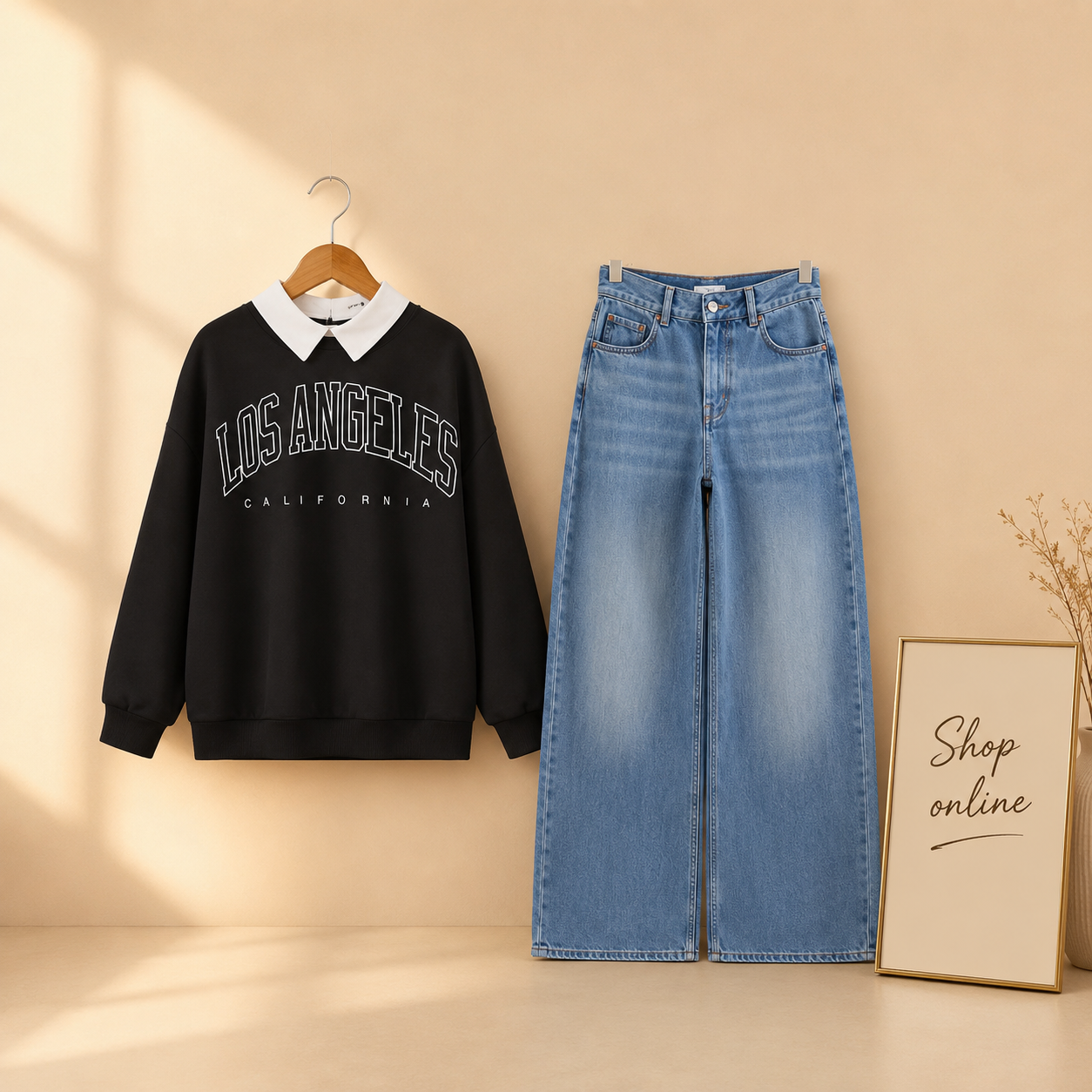 Black / Midblue  Collar sweat(Los Angeles) and wideleg jeans