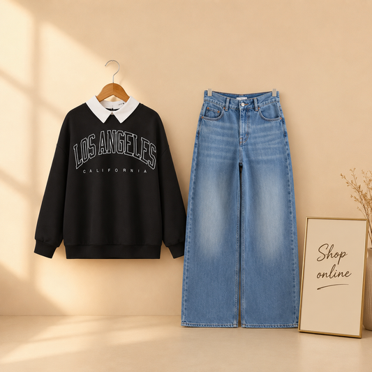 Black / Midblue  Collar sweat(Los Angeles) and wideleg jeans