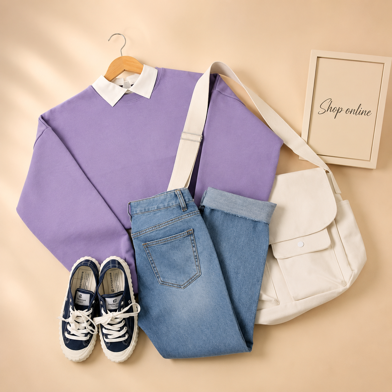 Lilac Collar sweat and mid blue wideleg jeans
