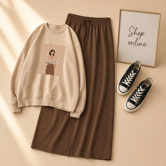 FLOWER GIRL BEIGE SWEATSHIRT WITH BROWN FLAPPER